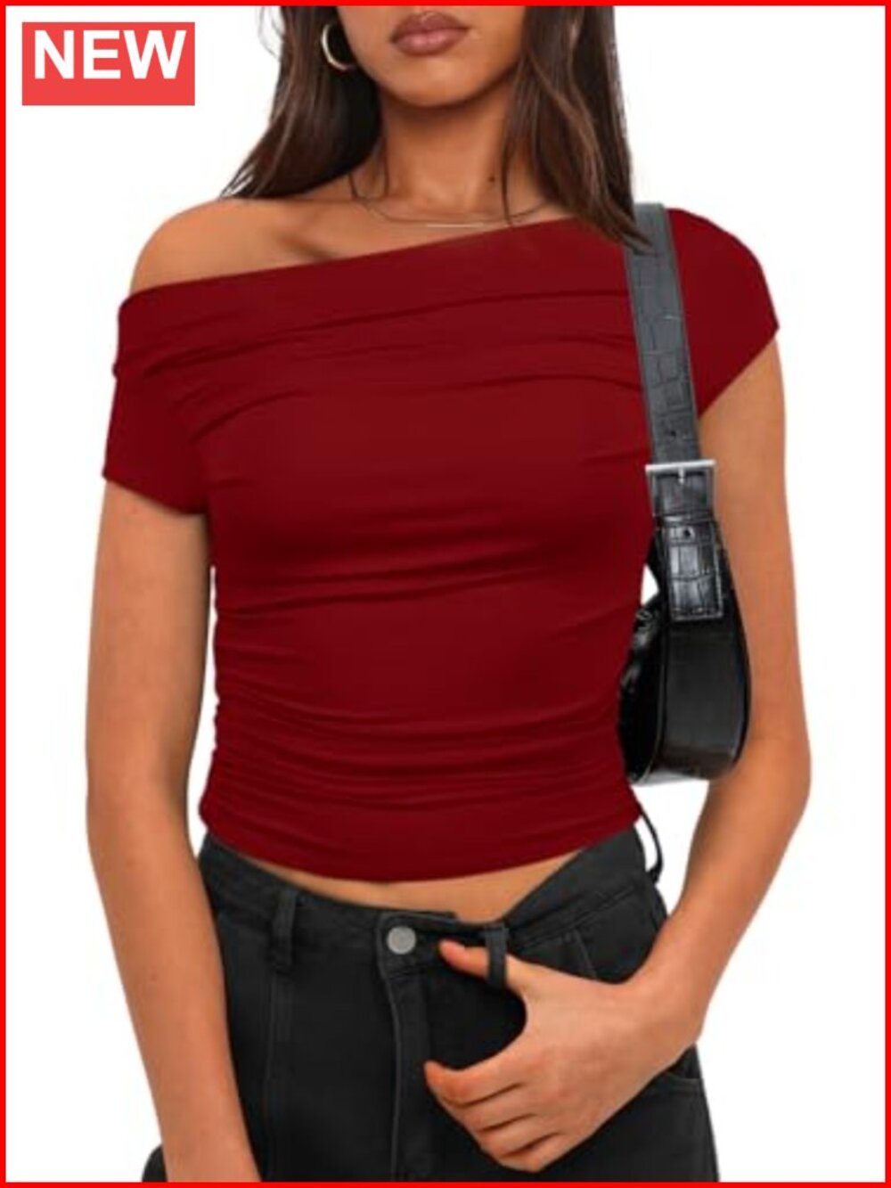 Off Shoulder Ruched Boat Neck Crop Top Slim Fit Summer Going Out Tee